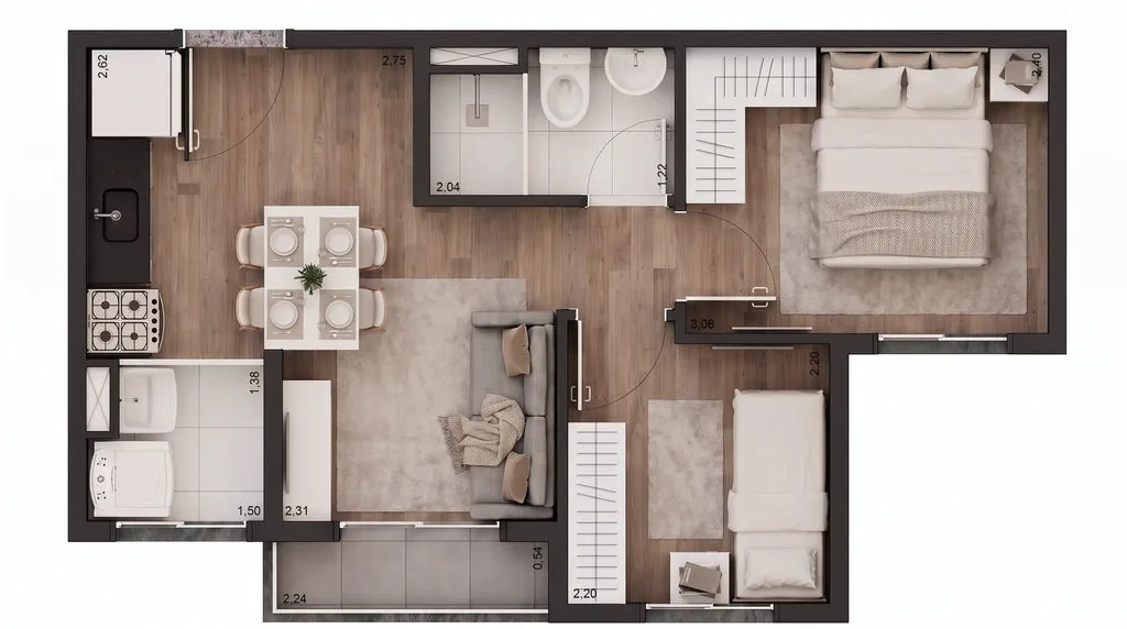 Planta de 2 dormitórios de 35 m² do Tech Zona Sul