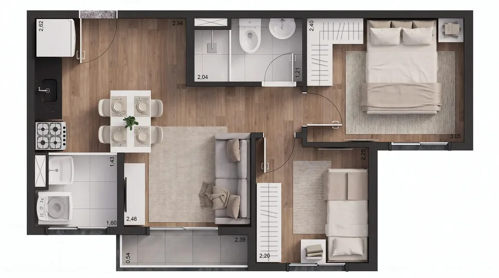 Planta de 2 dormitórios de 37 m² do Tech Zona Sul