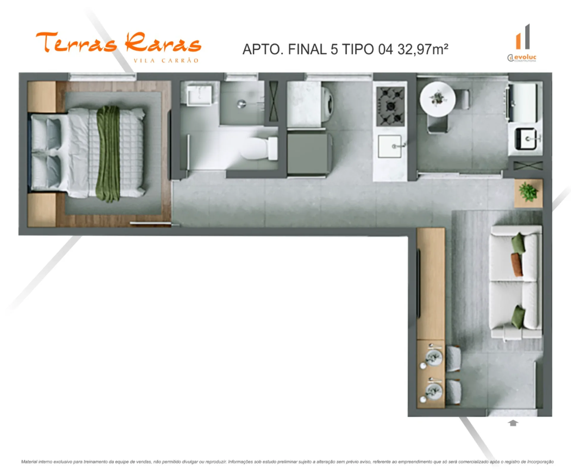 Planta do Terras Raras Vila Carrão – Fase 2 em Vila Carrão — 1 dormitório – 32,97 m²
