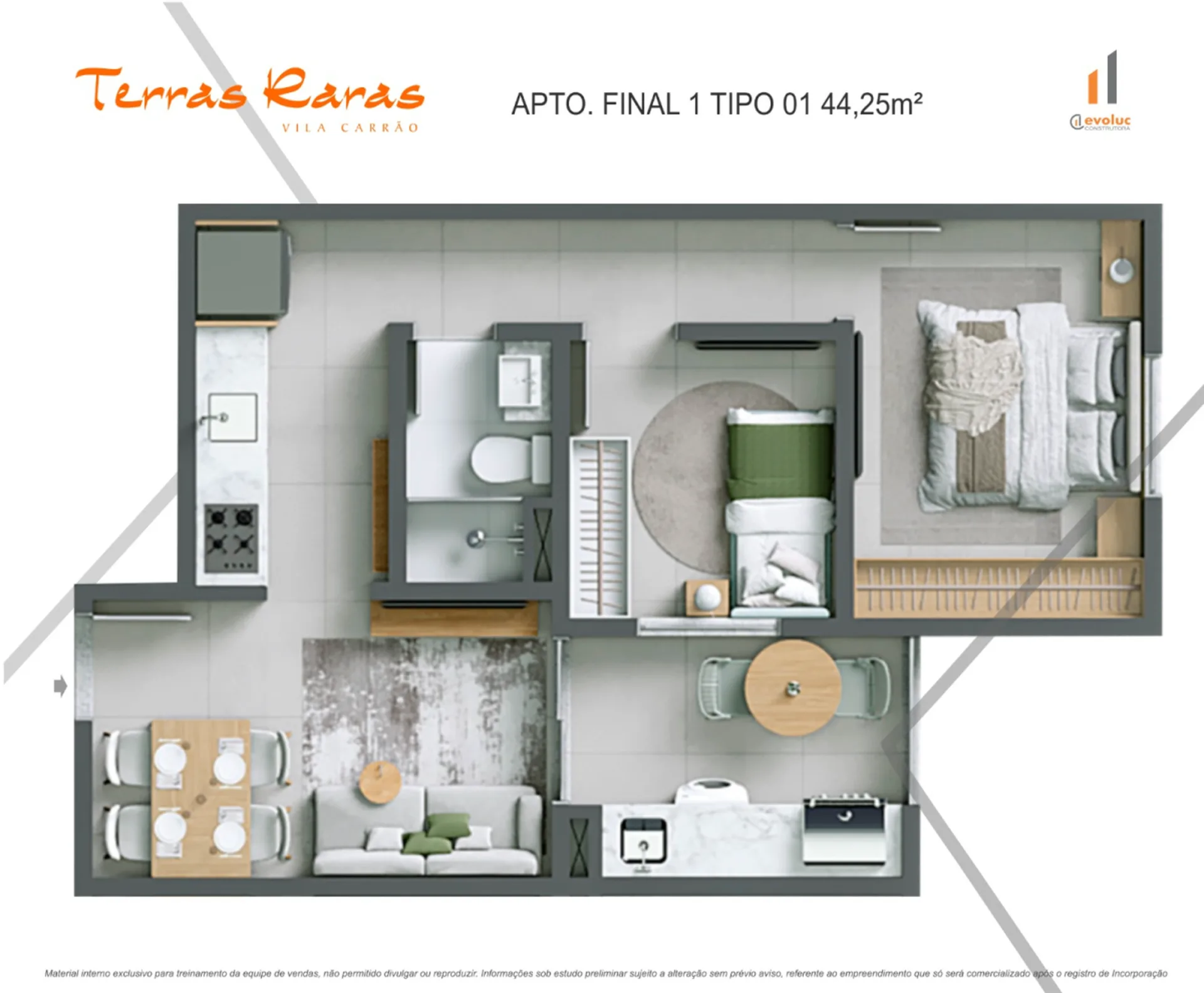 Planta do Terras Raras Vila Carrão – Fase 2 em Vila Carrão — 2 dormitórios – 44,25 m²
