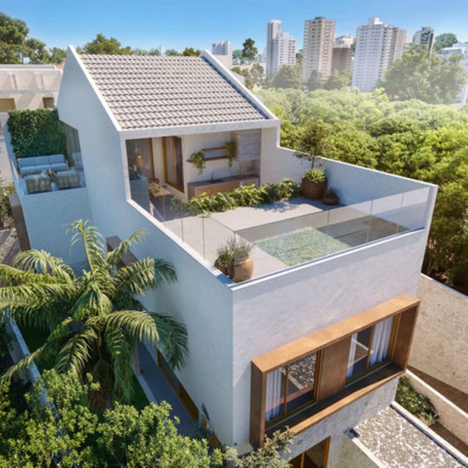 Vista aérea do Teviot 74, com terraço, piscina e espaço gourmet na cobertura