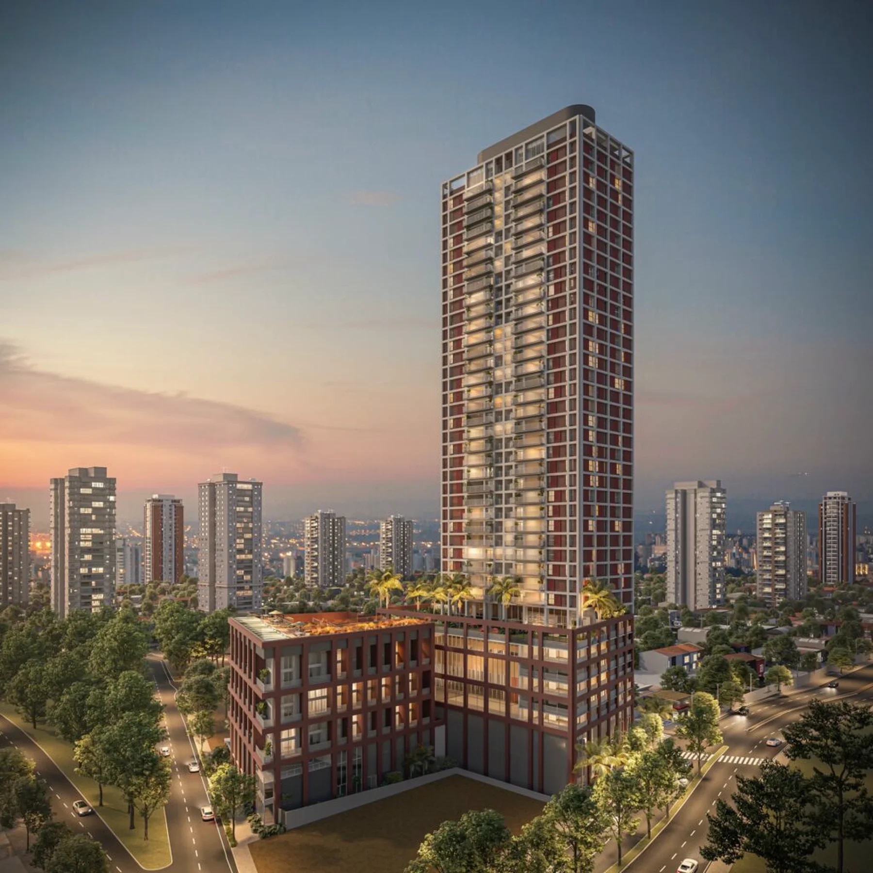 Fachada do The Club - Live, Work & Play, com a torre residencial de 41 andares e o bloco baixo do complexo multiuso, na Rua Padre Eugenio Lopes, no Jardim Guedala