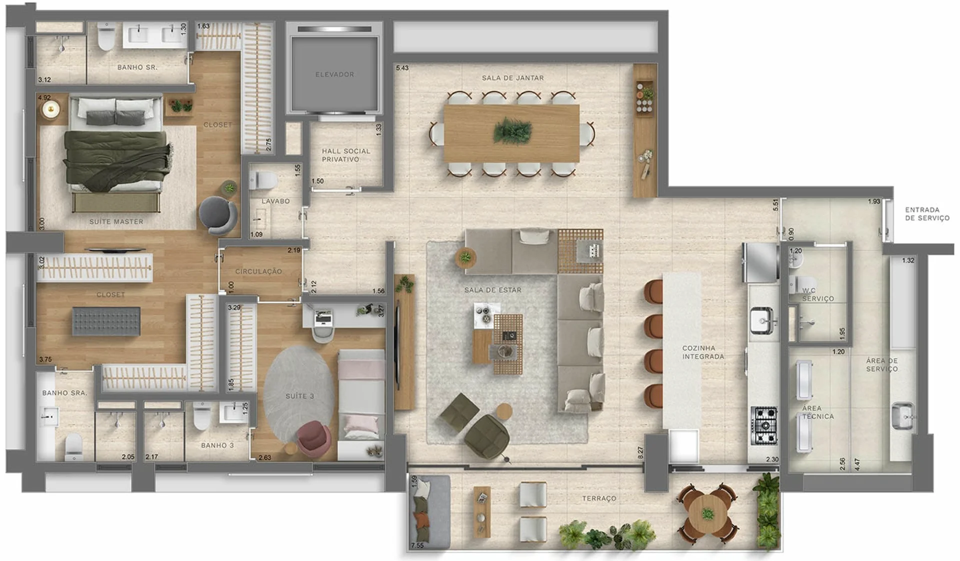 Planta opcao de 166 m2 do The Club, com 2 dormitorios, living ampliado e terraco