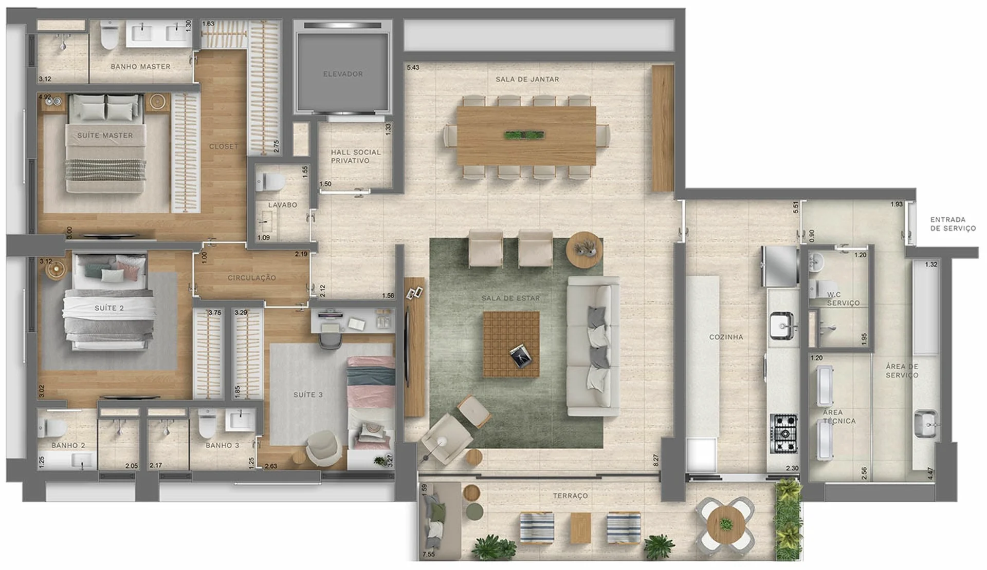 Planta do apartamento tipo de 166 m2 do The Club, com 3 suites, terraco e cozinha integrada ao living