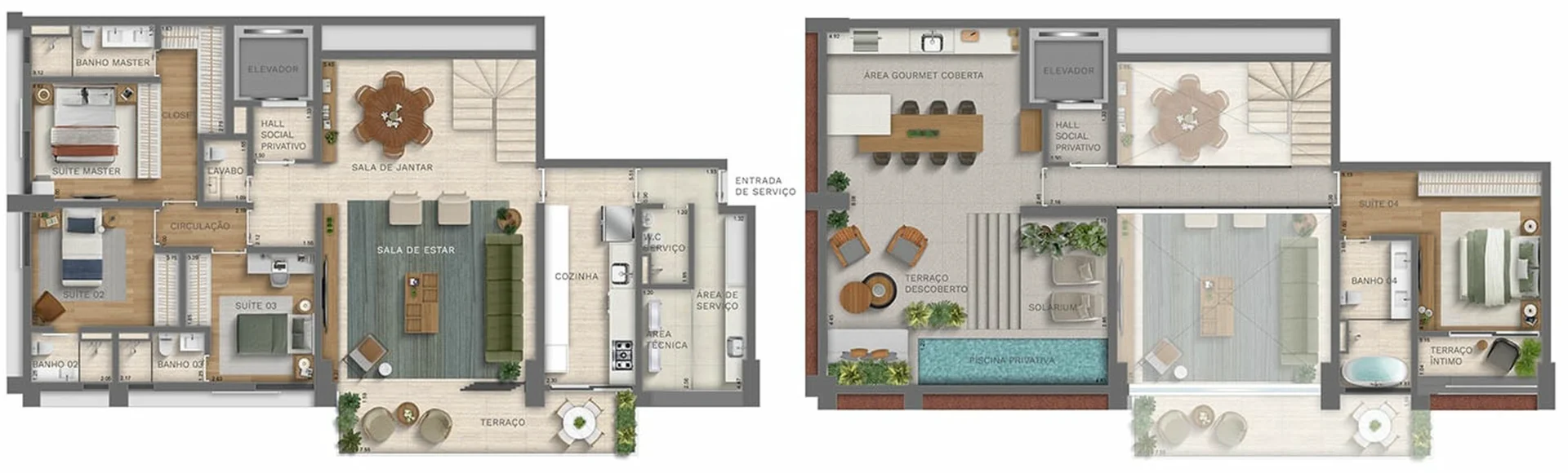 Planta da cobertura duplex de 284 m2 do The Club, com os dois pavimentos da mesma unidade e 4 suites