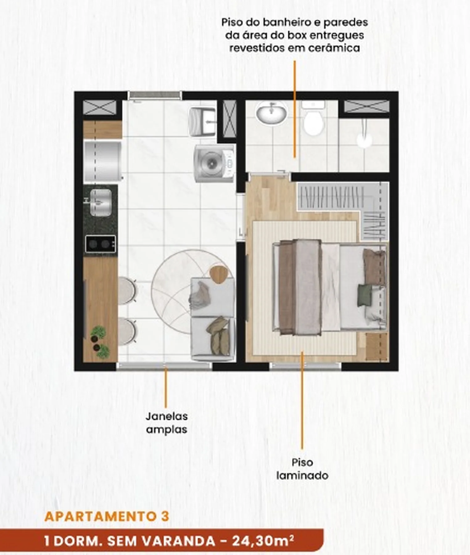 Planta de 1 dormitório de 24,30 m² do Tiquatira View