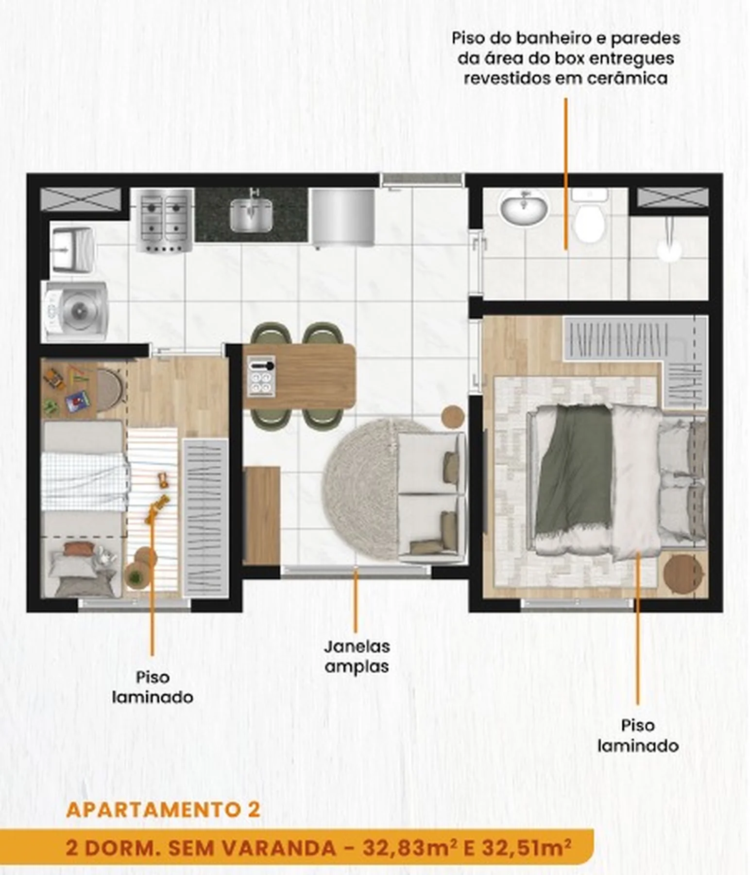 Planta de 2 dormitórios de 32,83 m² do Tiquatira View
