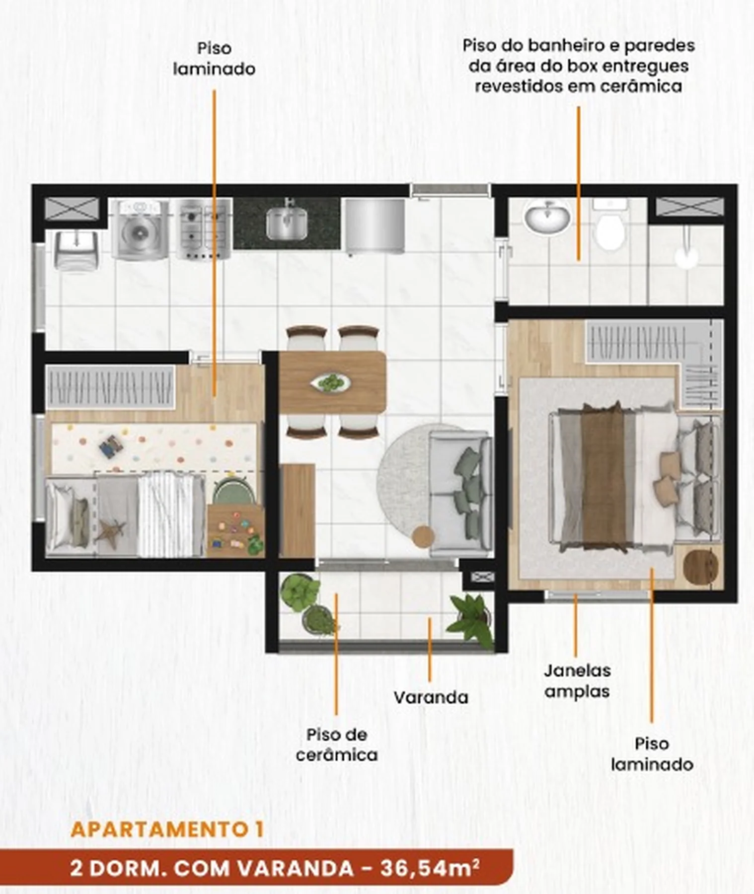 Planta de 2 dormitórios de 36,54 m² com varanda do Tiquatira View
