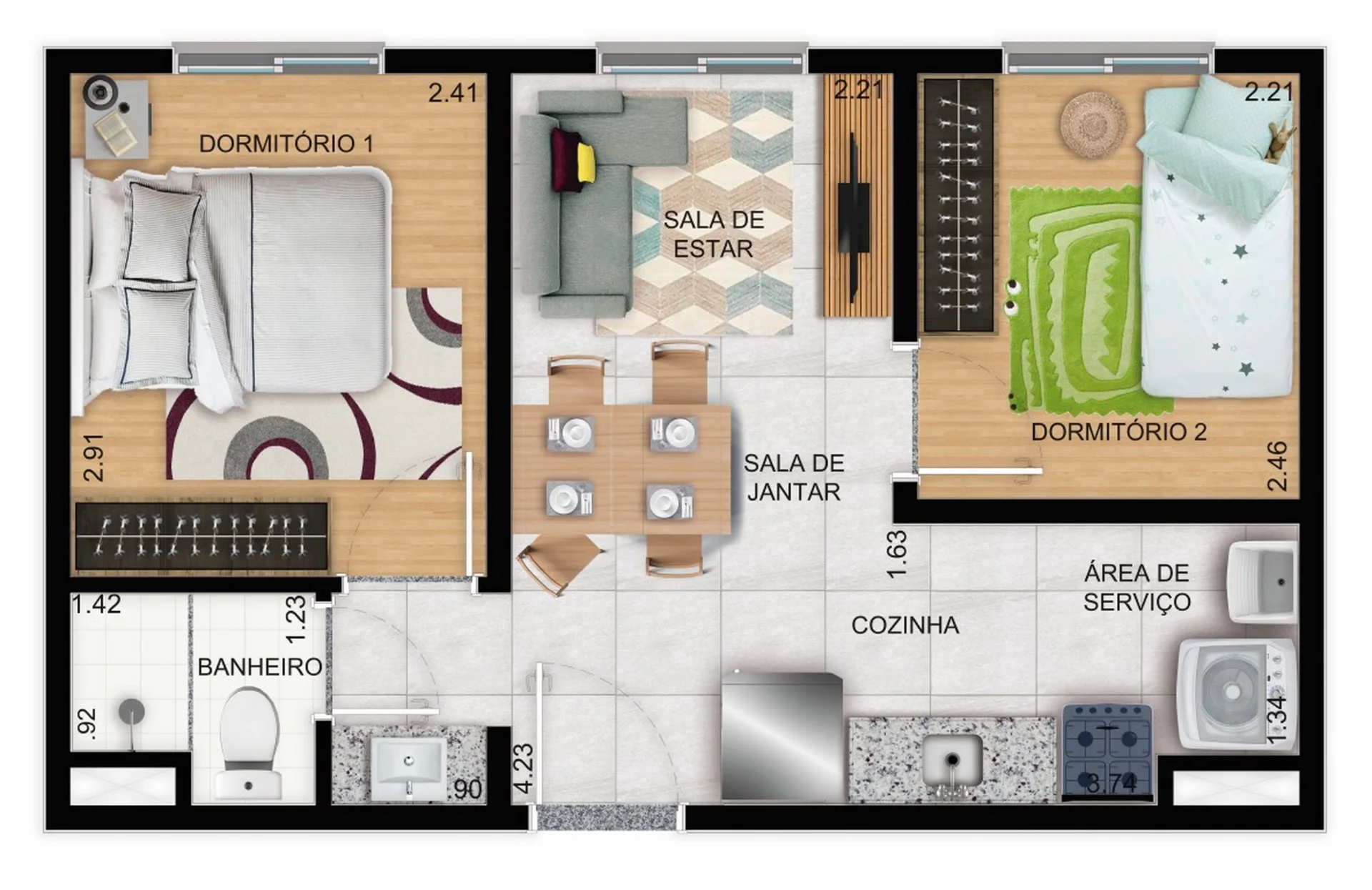 Planta do apartamento de 2 dormitórios e 32 m² do Torres de Juá Fase 3