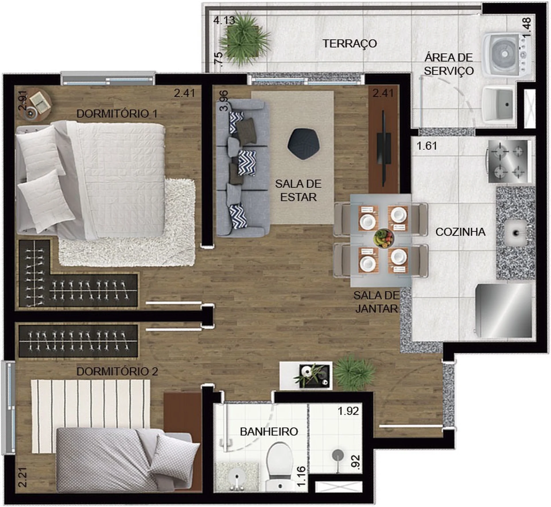 Planta do apartamento de 2 dormitórios e 39 m² do Torres de Juá Fase 3