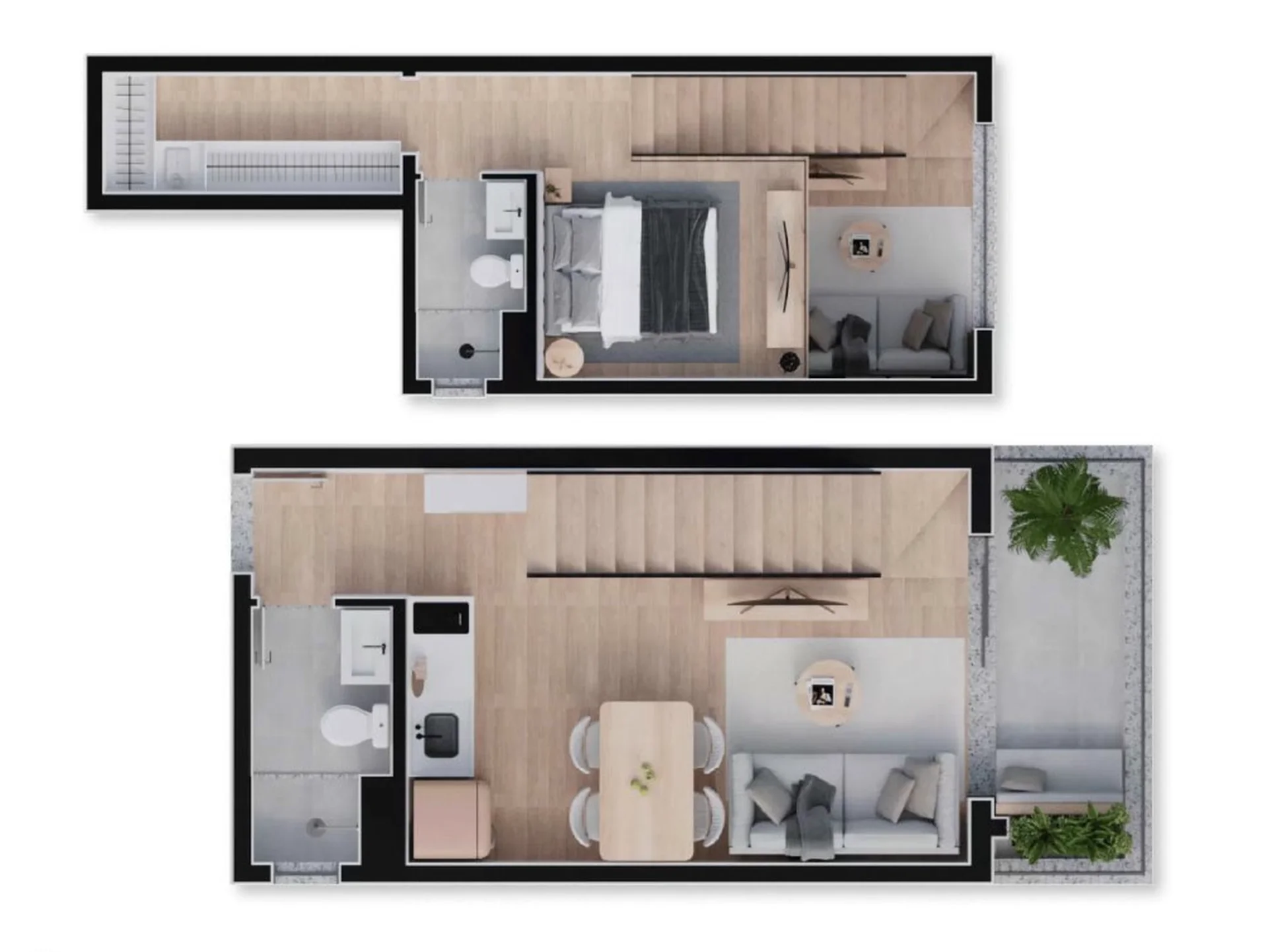 Planta da cobertura duplex de 1 dormitório de 59,09 m² do Torres de Madá, com os dois pavimentos e a escada interna