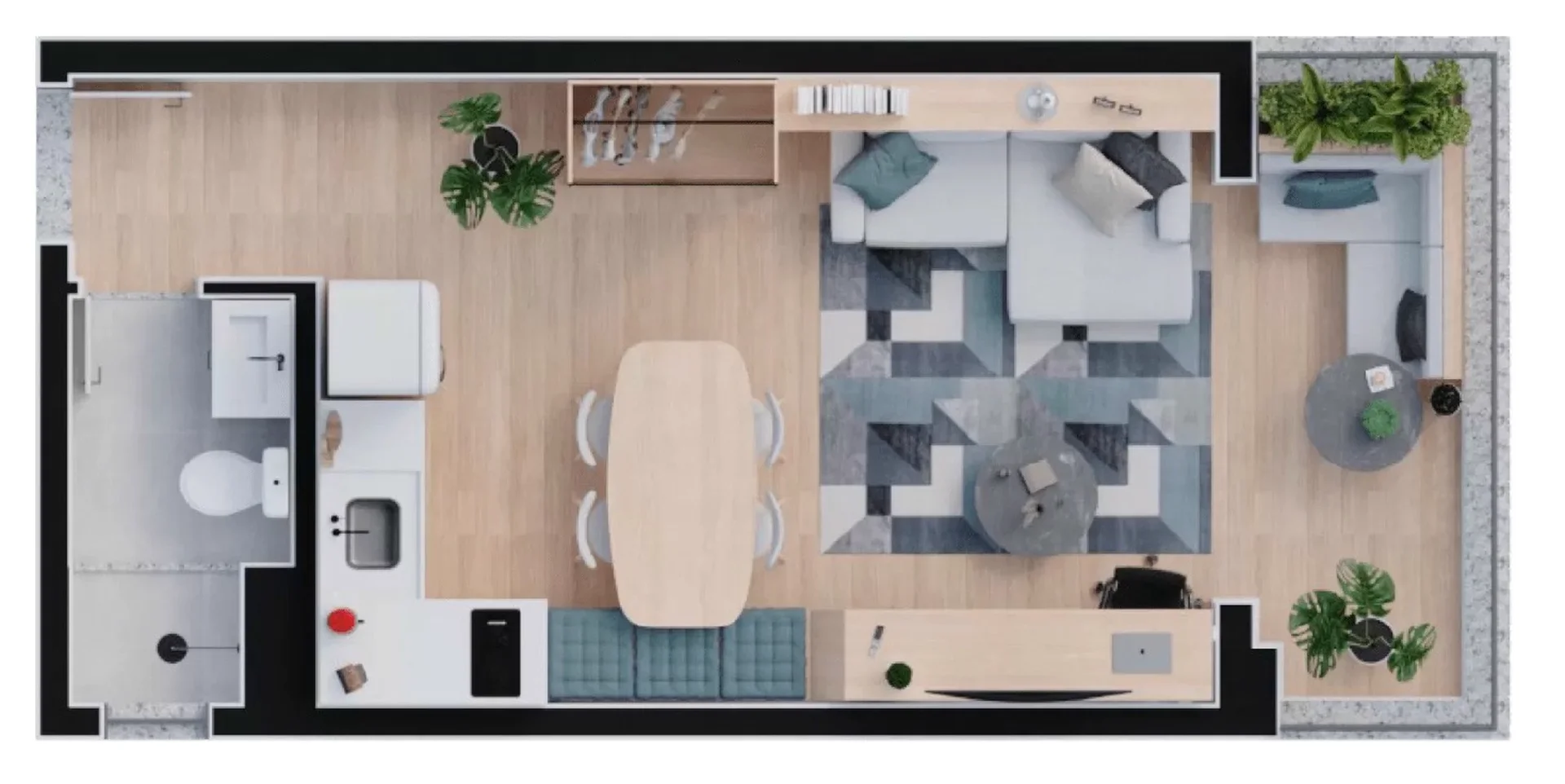 Planta do studio de 1 dormitório de 33,25 m² do Torres de Madá, com cozinha integrada, banheiro e varanda