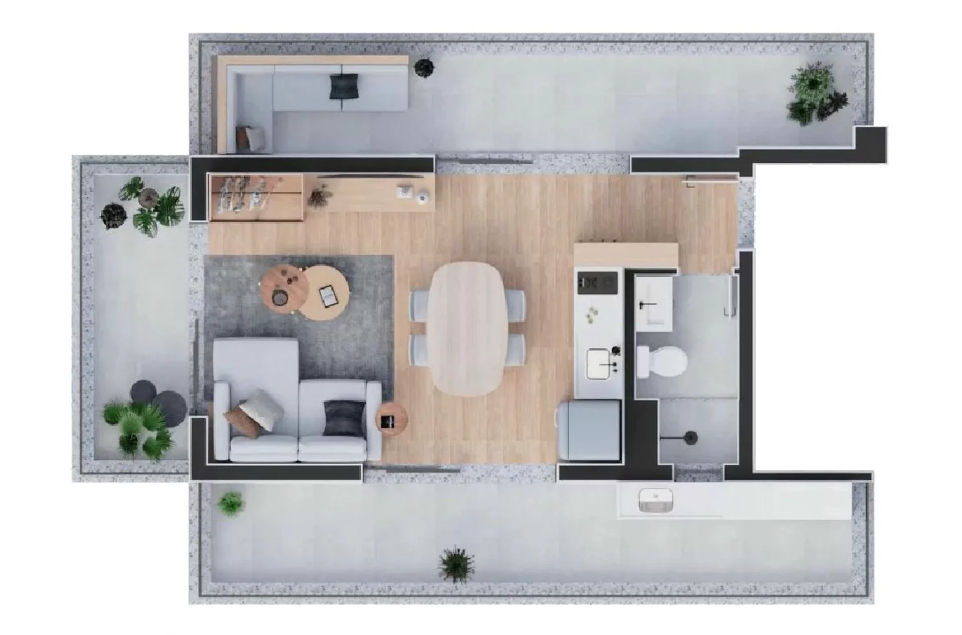 Planta do studio de 1 dormitório de 52,82 m² do Torres de Madá, com living ampliado e terraço
