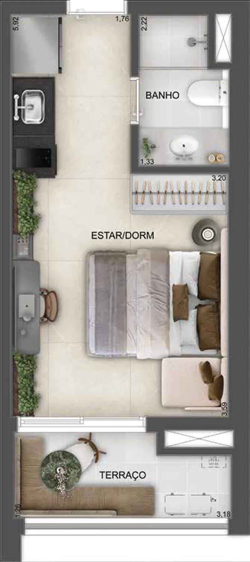 Planta do studio de 29 m² do Town Residences by Lindenberg, com estar/dormitório integrado, banho e terraço