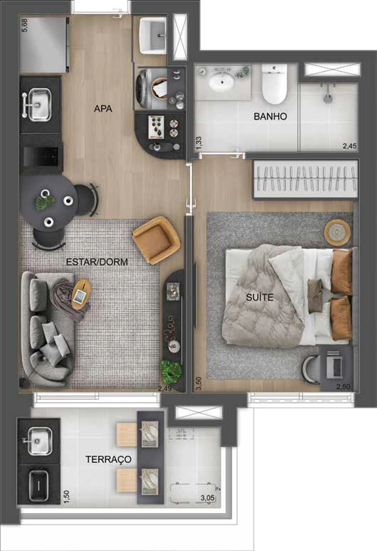 Planta de 1 dormitório com suíte, 39 m², do Town Residences by Lindenberg