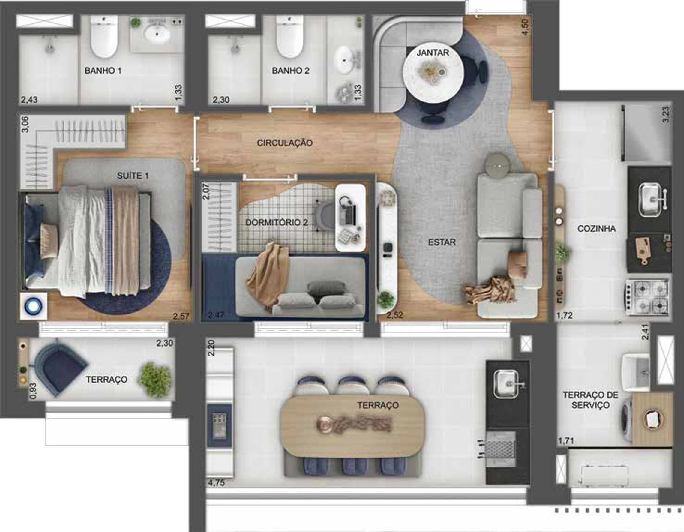 Planta de 2 dormitórios com 1 suíte, 69 m², do Town Residences by Lindenberg