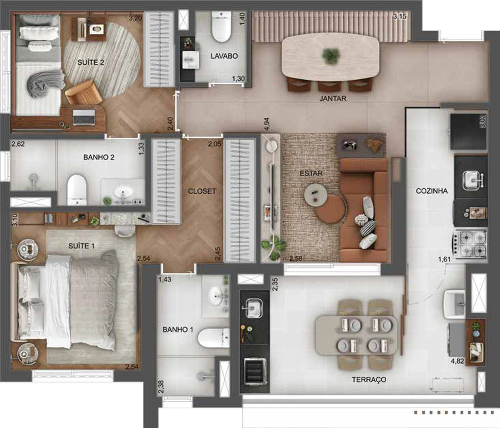Planta de 2 dormitórios com 2 suítes e closet, 75 m², do Town Residences by Lindenberg