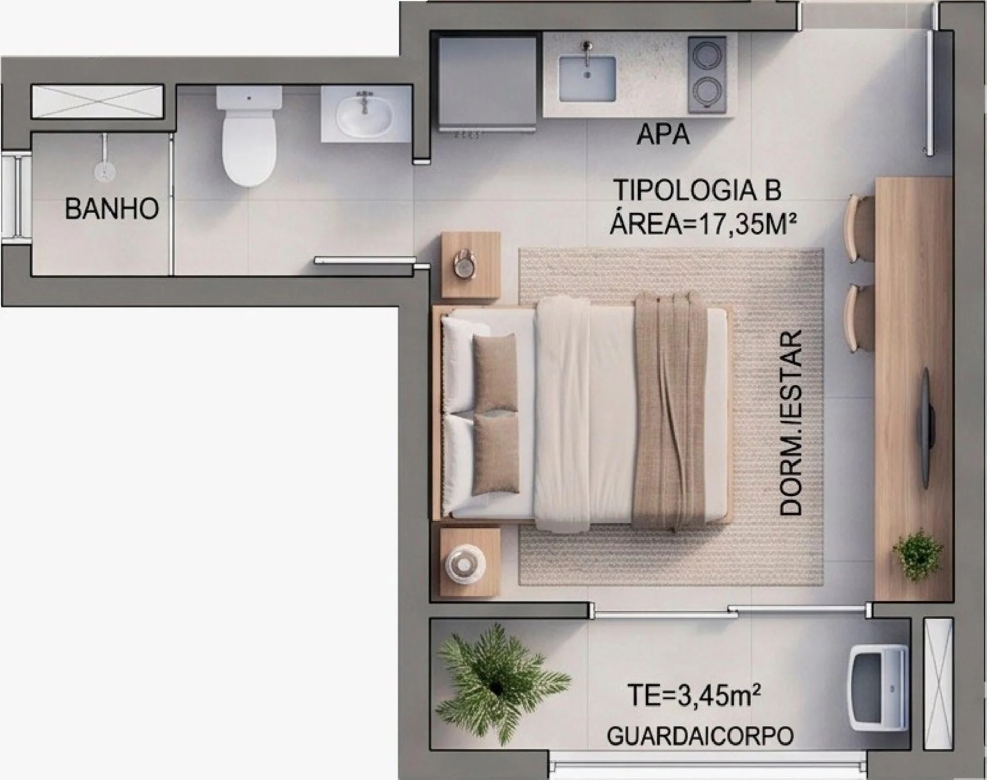 Planta do studio de 1 dormitório com 17,35 m² do Tria Paulista