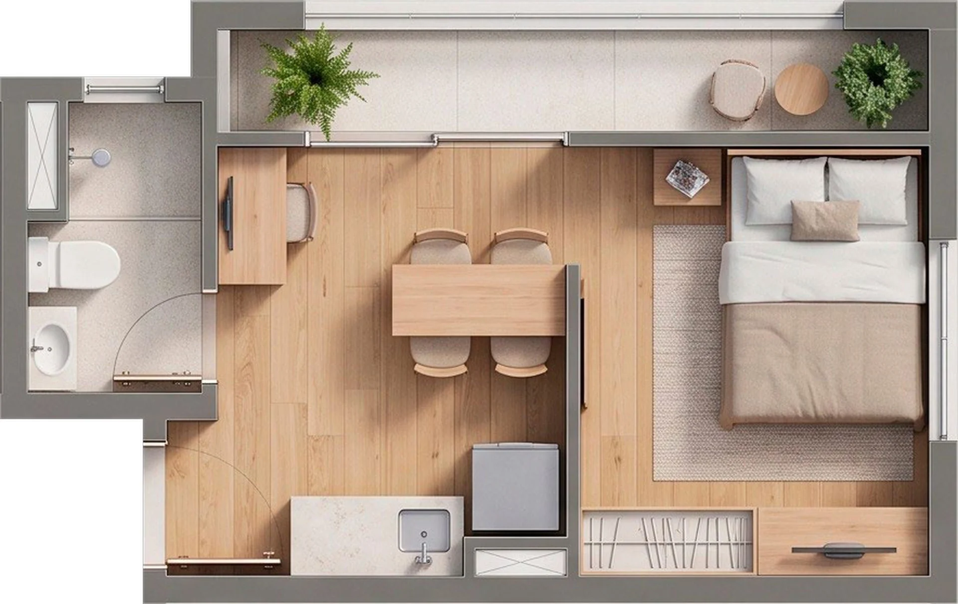 Planta de 1 dormitório com 24,57 m² do Tria Paulista
