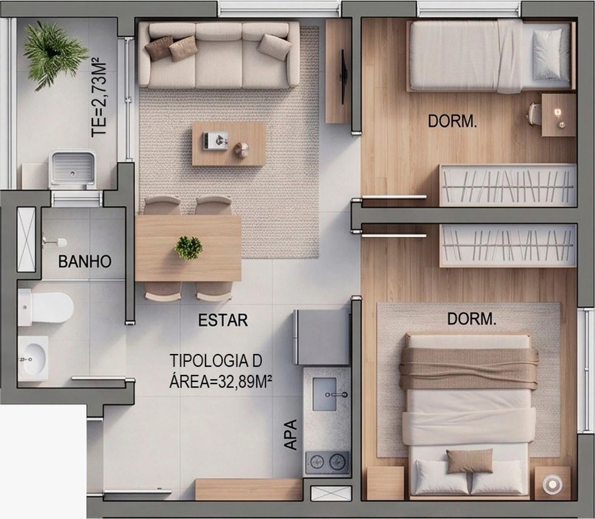 Planta de 2 dormitórios com 32,89 m² do Tria Paulista