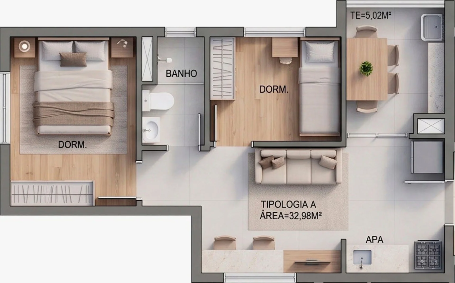 Planta de 2 dormitórios com 32,98 m² do Tria Paulista