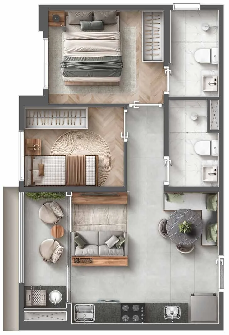 Planta do Upside Sky Parque São Lucas — 2 dormitórios – 41,2 m²