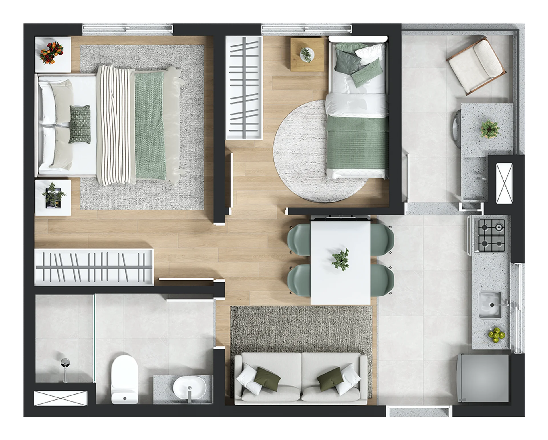 Planta do apartamento de 2 dormitórios e 33,19 m² do Urban Jaraguá