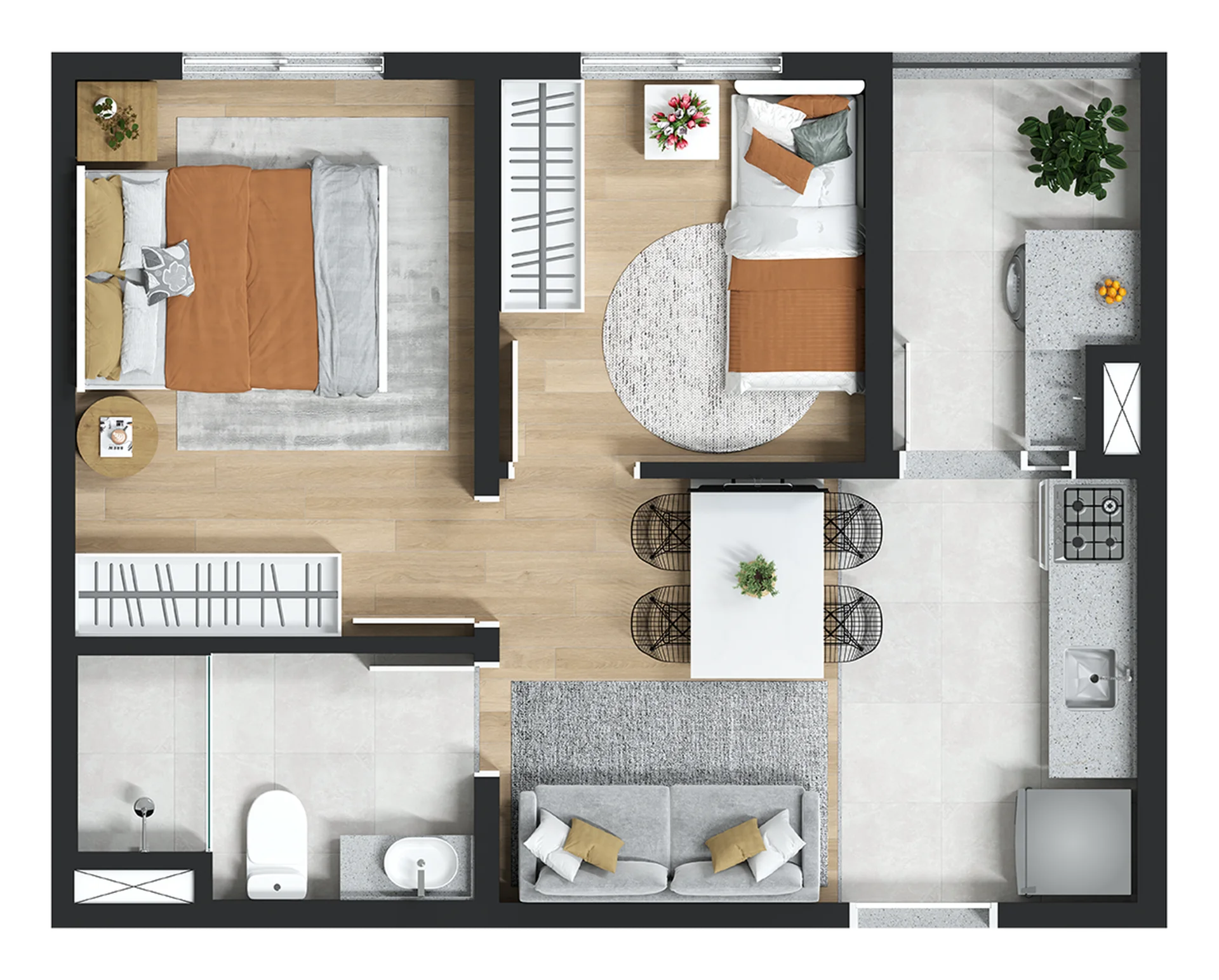 Planta do apartamento de 2 dormitórios e 34,43 m² do Urban Jaraguá