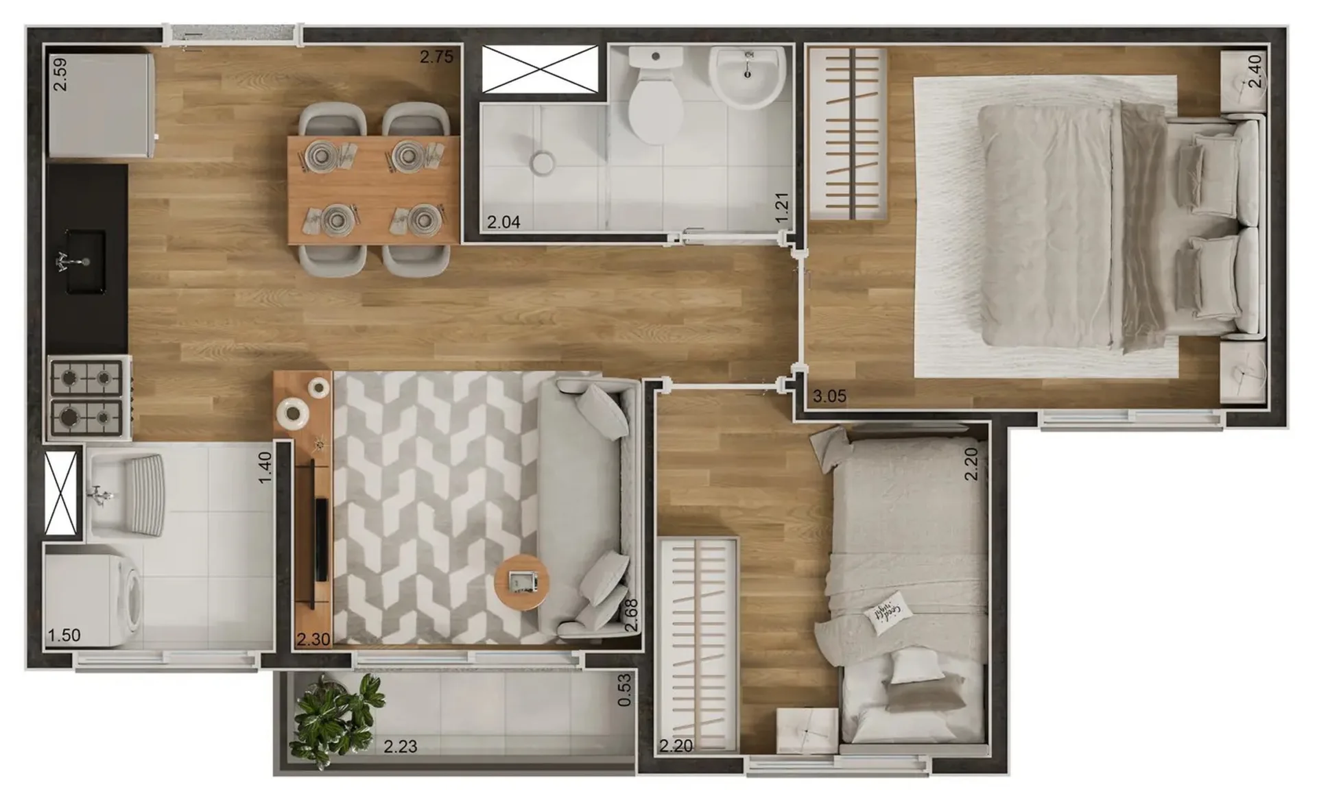 Planta do Verdí Tiquatira — 2 dormitórios – 35,7 m²