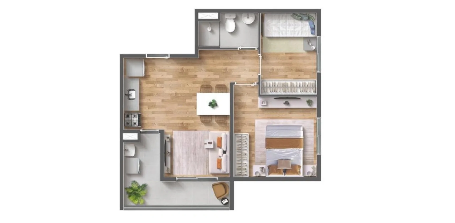 Planta de 2 dormitórios com 46 m² do Vibra Origem Mooca