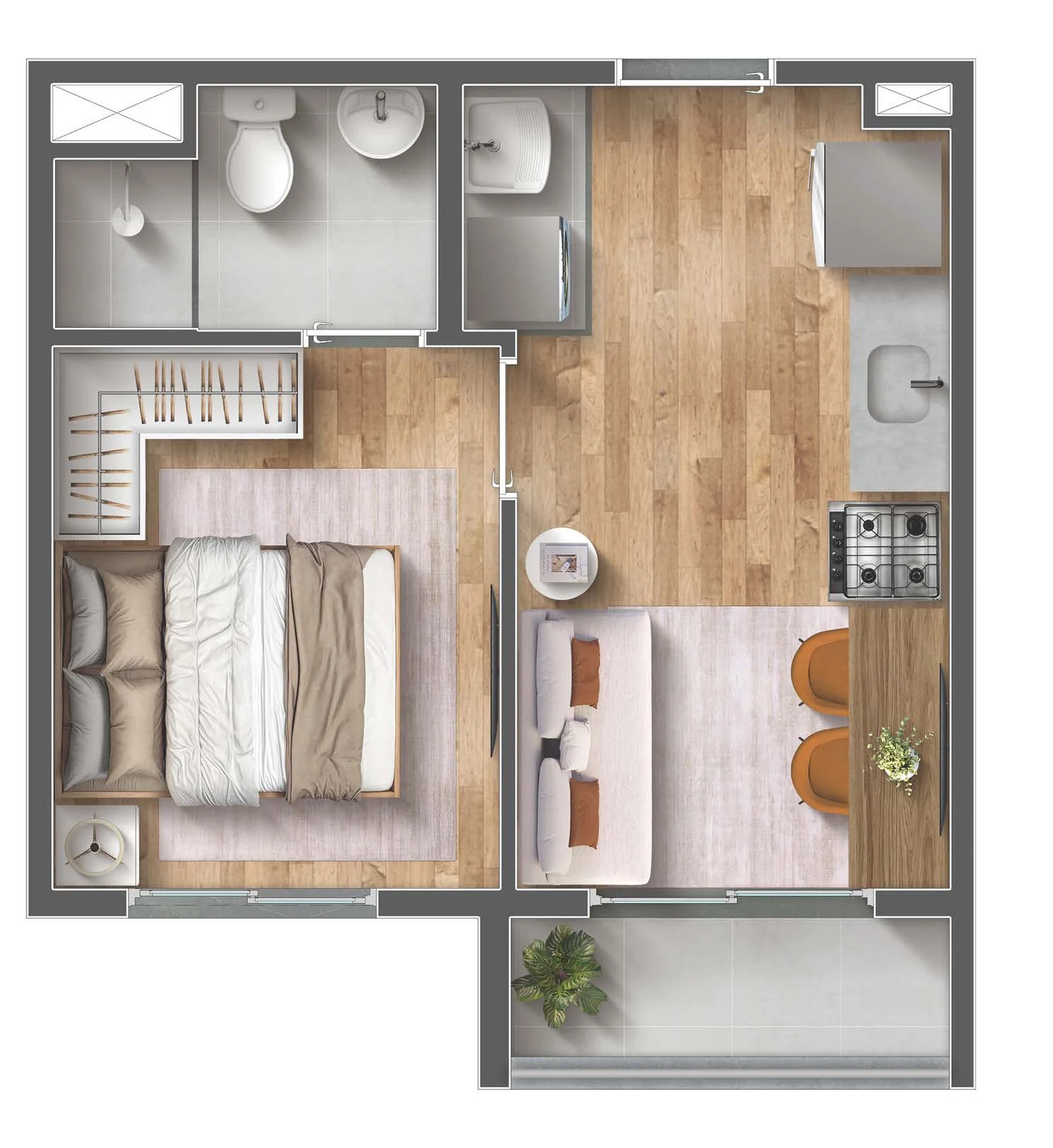 Planta de 1 dormitório com 26,39 m² do Vibra Reserva Marajoara