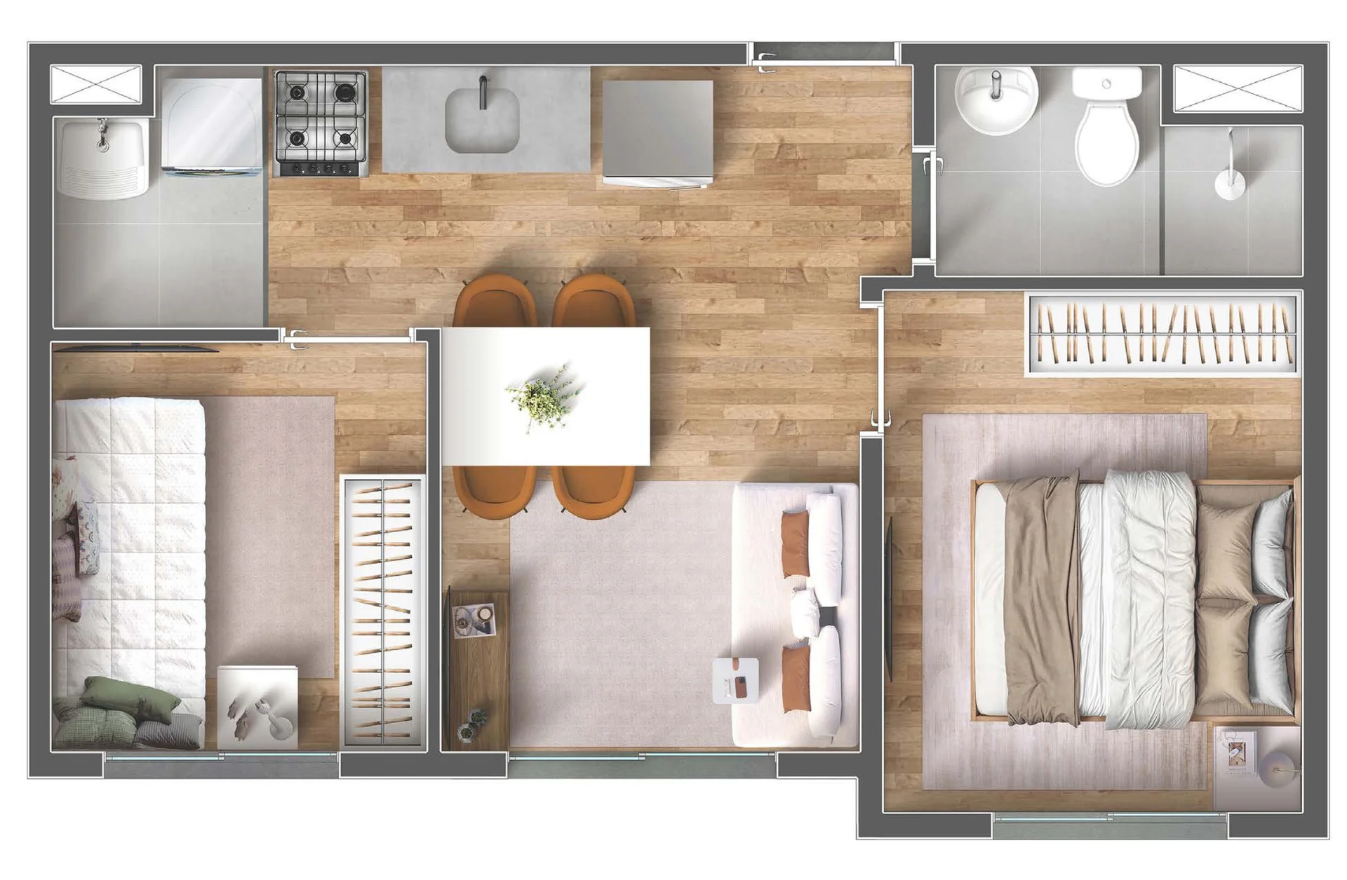 Planta de 2 dormitórios com 32,61 m² do Vibra Reserva Marajoara