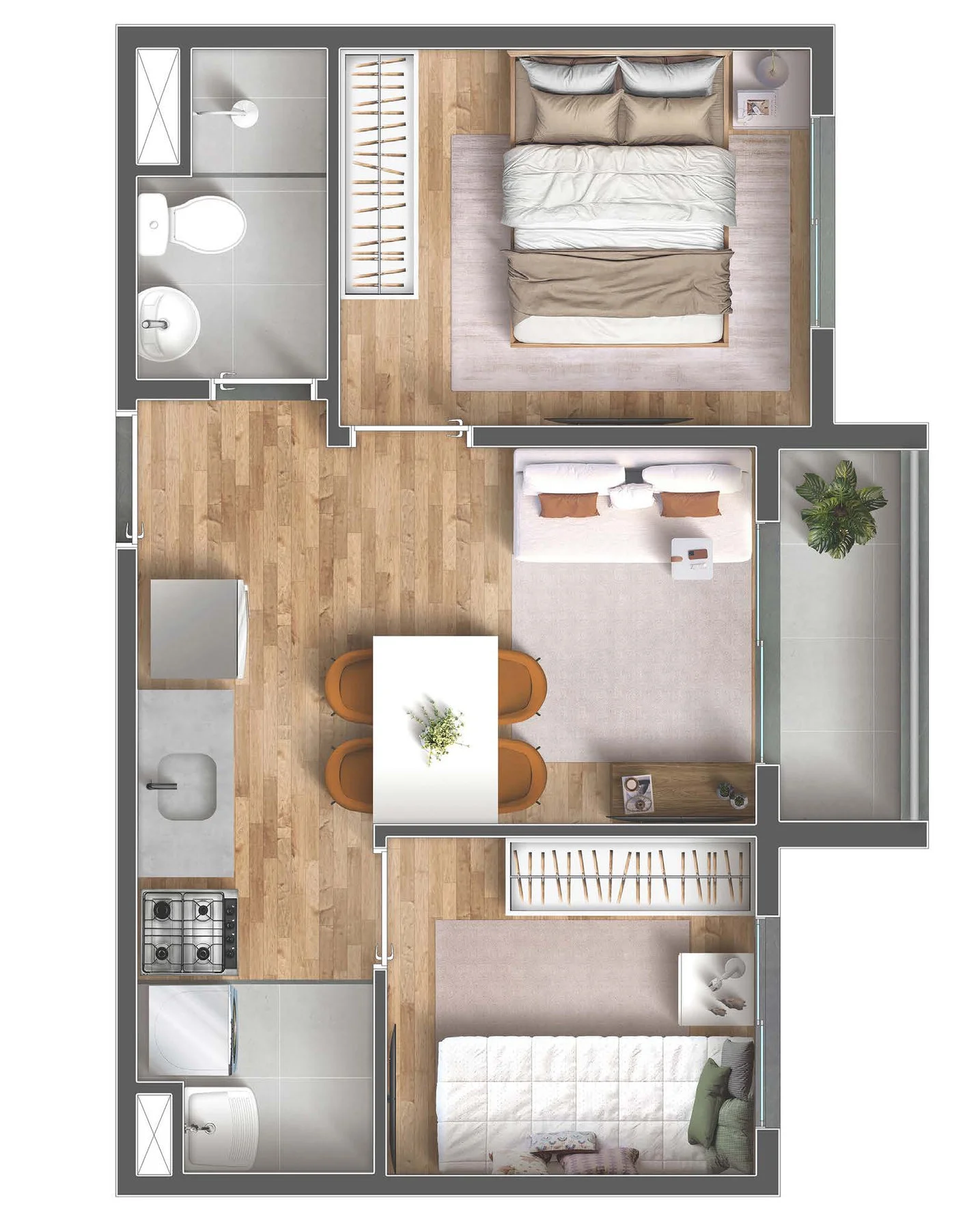 Planta de 2 dormitórios com 35,07 m² do Vibra Reserva Marajoara