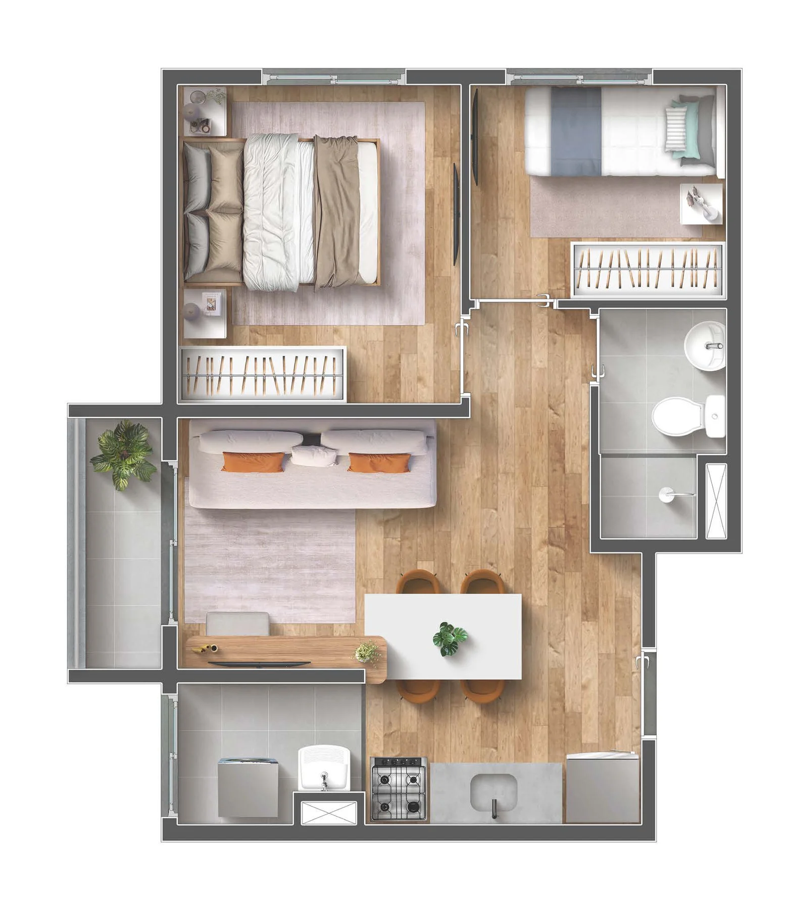 Planta de 2 dormitórios com 40,30 m² do Vibra Reserva Marajoara
