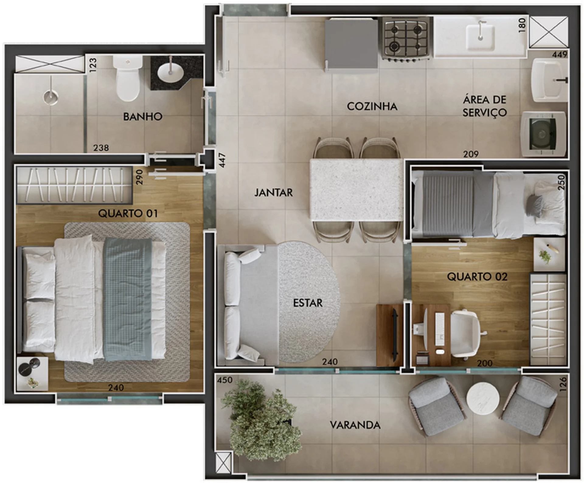 Planta de 2 dormitórios de 40,40 m² com varanda do View Parque Ecológico