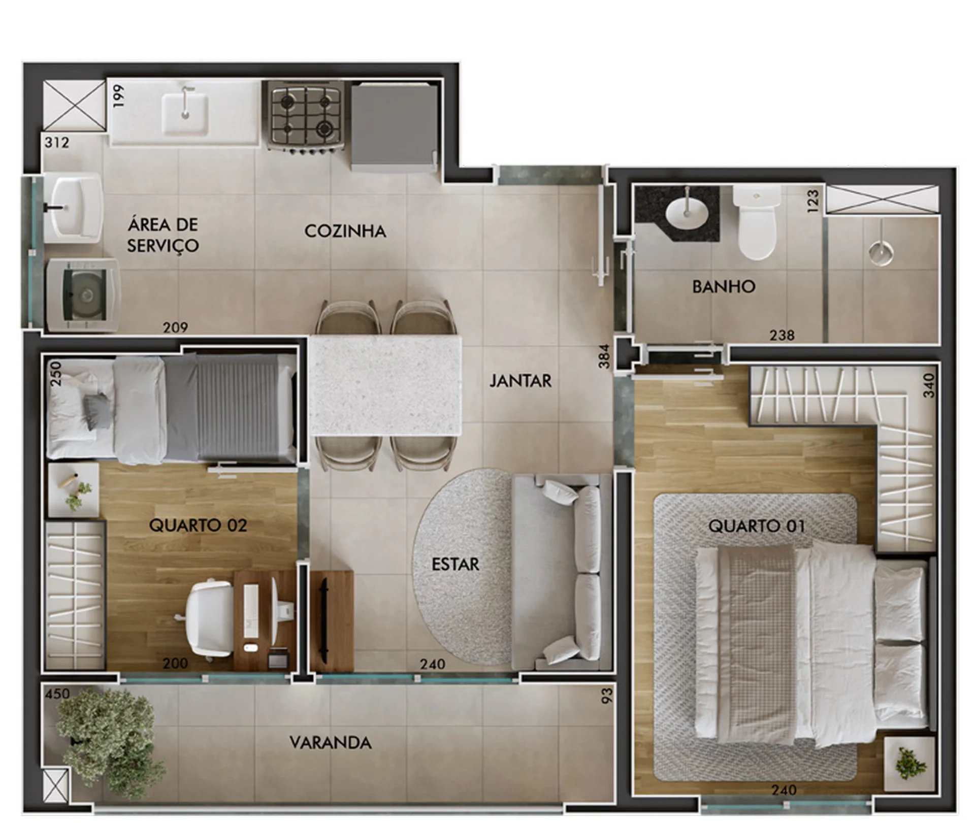 Planta de 2 dormitórios de 40,09 m² com varanda do View Parque Ecológico