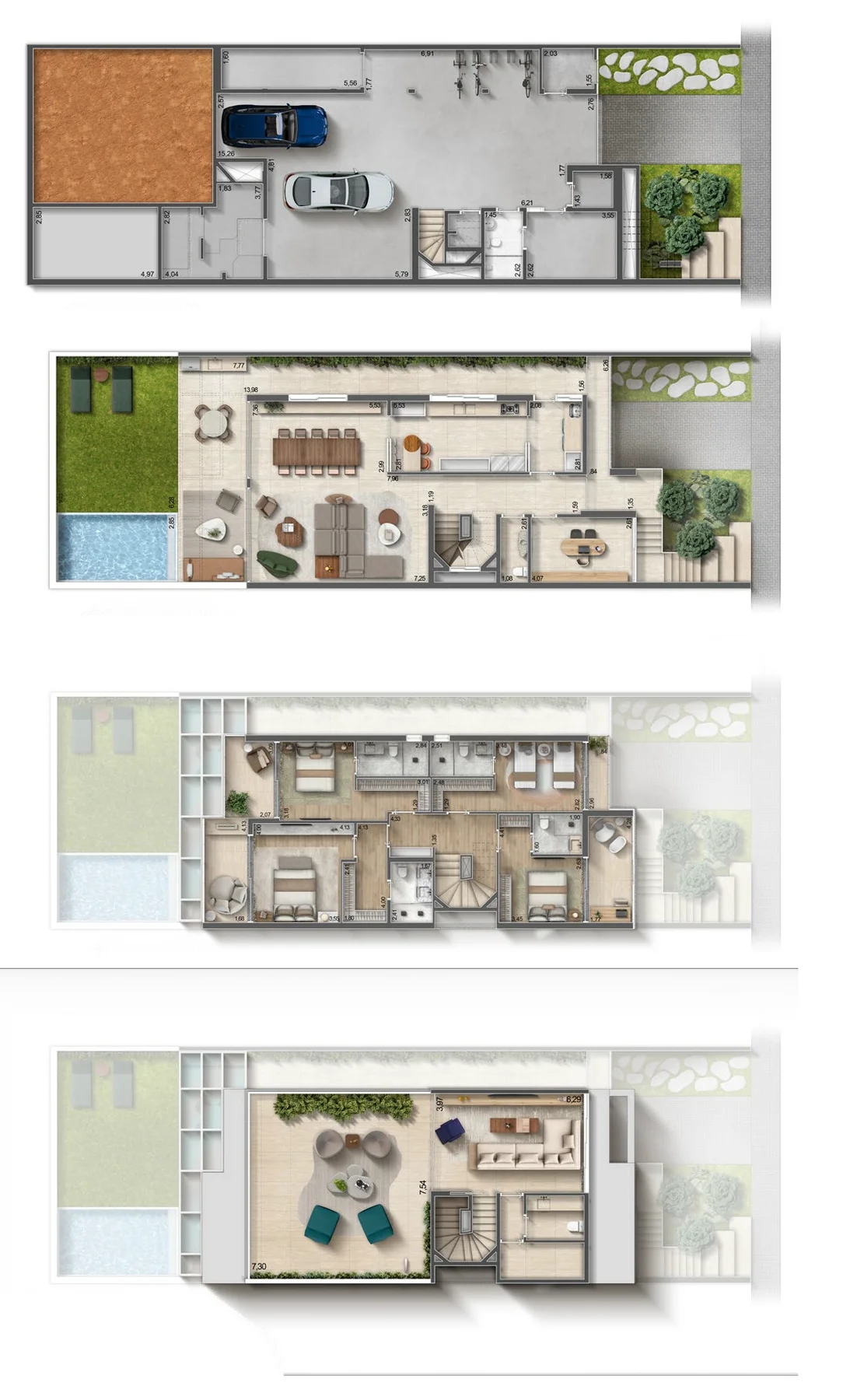 Planta da casa de 4 suítes do Vilas das Paineiras, com os quatro pavimentos da unidade: garagem, piso social com piscina, piso dos dormitórios e cobertura