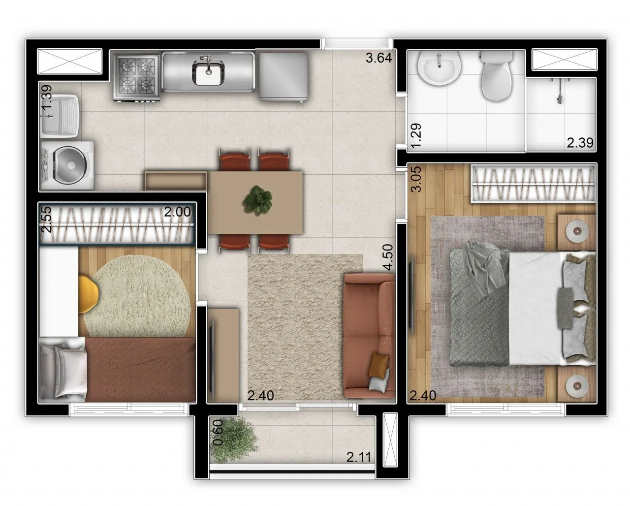 Planta do Vinx Vila Tolstói – Fase 1 — 2 dormitórios – 36 m²