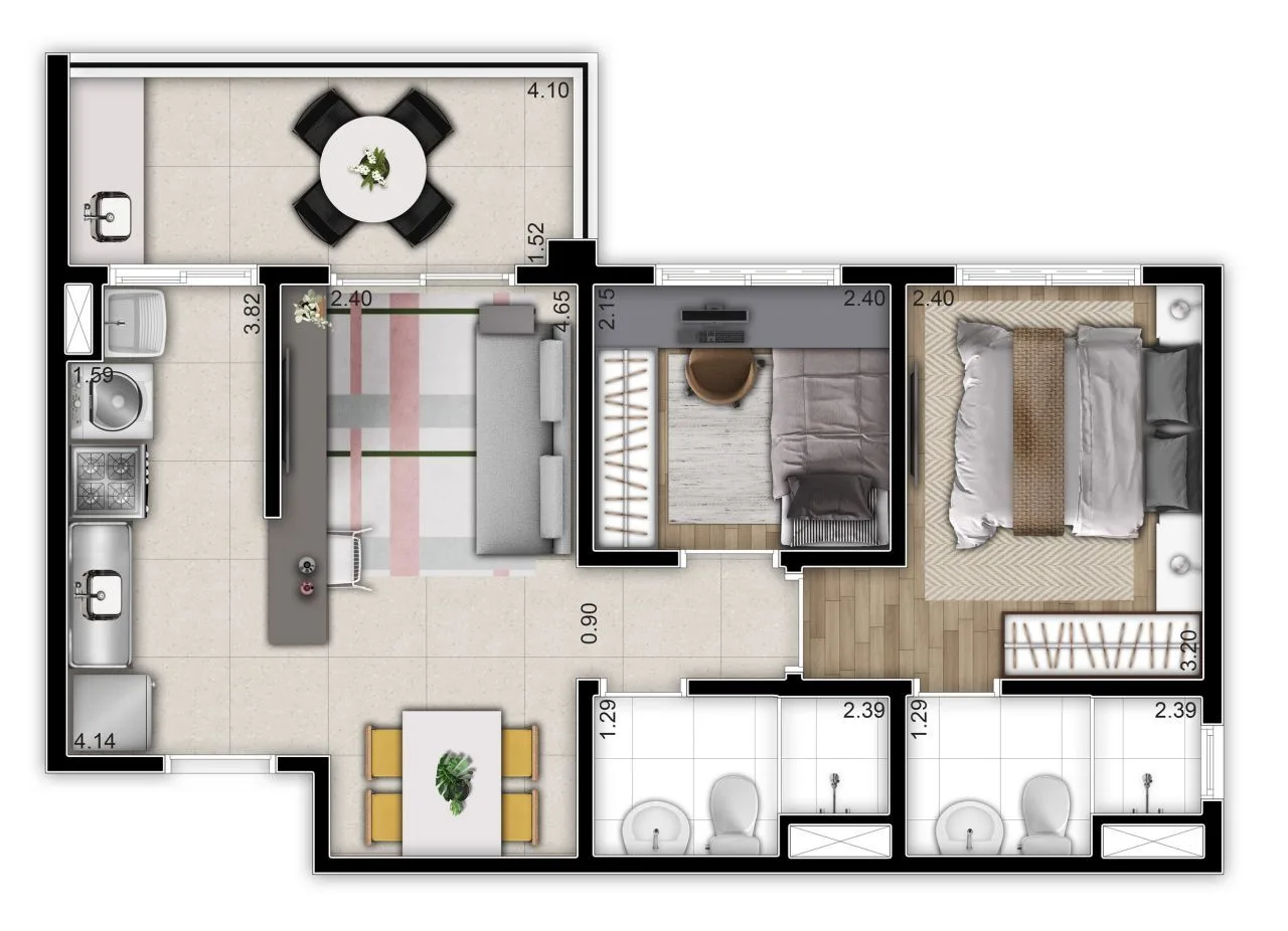 Planta do Vinx Vila Tolstói – Fase 1 — 2 dormitórios – 52 m²