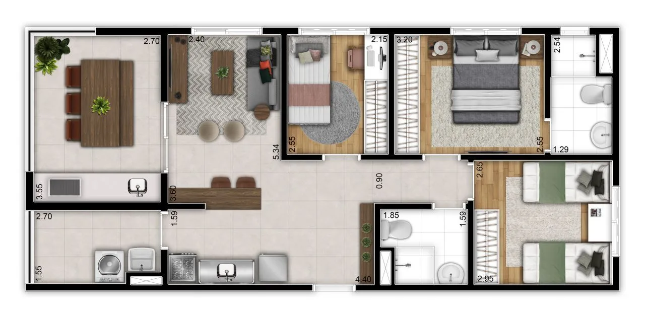 Planta do Vinx Vila Tolstói – Fase 1 — 3 dormitórios – 71 m²