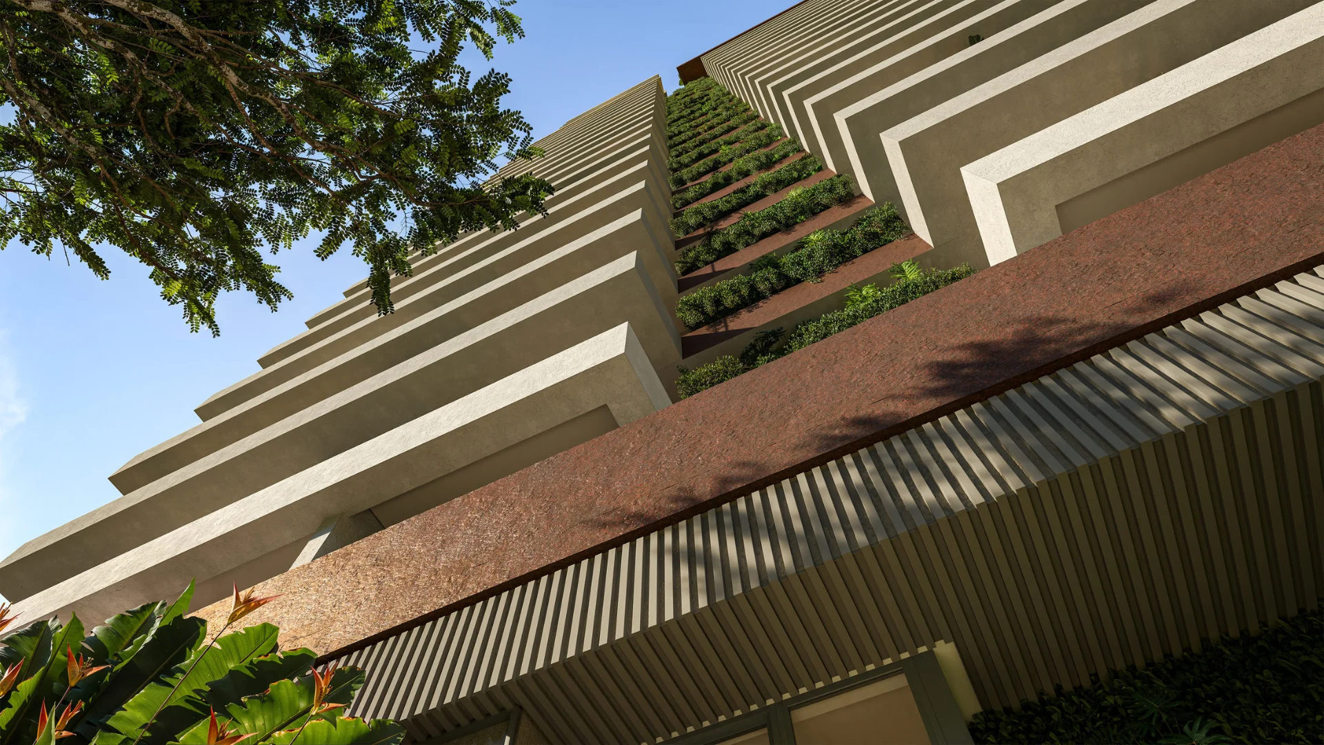 Detalhe da fachada do Virtuo Itaim, com varandas escalonadas e jardineiras em todos os pavimentos