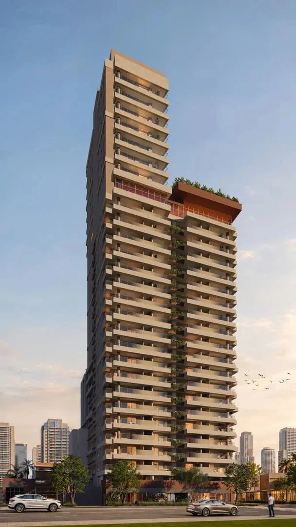 Fachada do Virtuo Itaim, torre residencial na Rua Bandeira Paulista, no Itaim Bibi, vista da esquina ao entardecer
