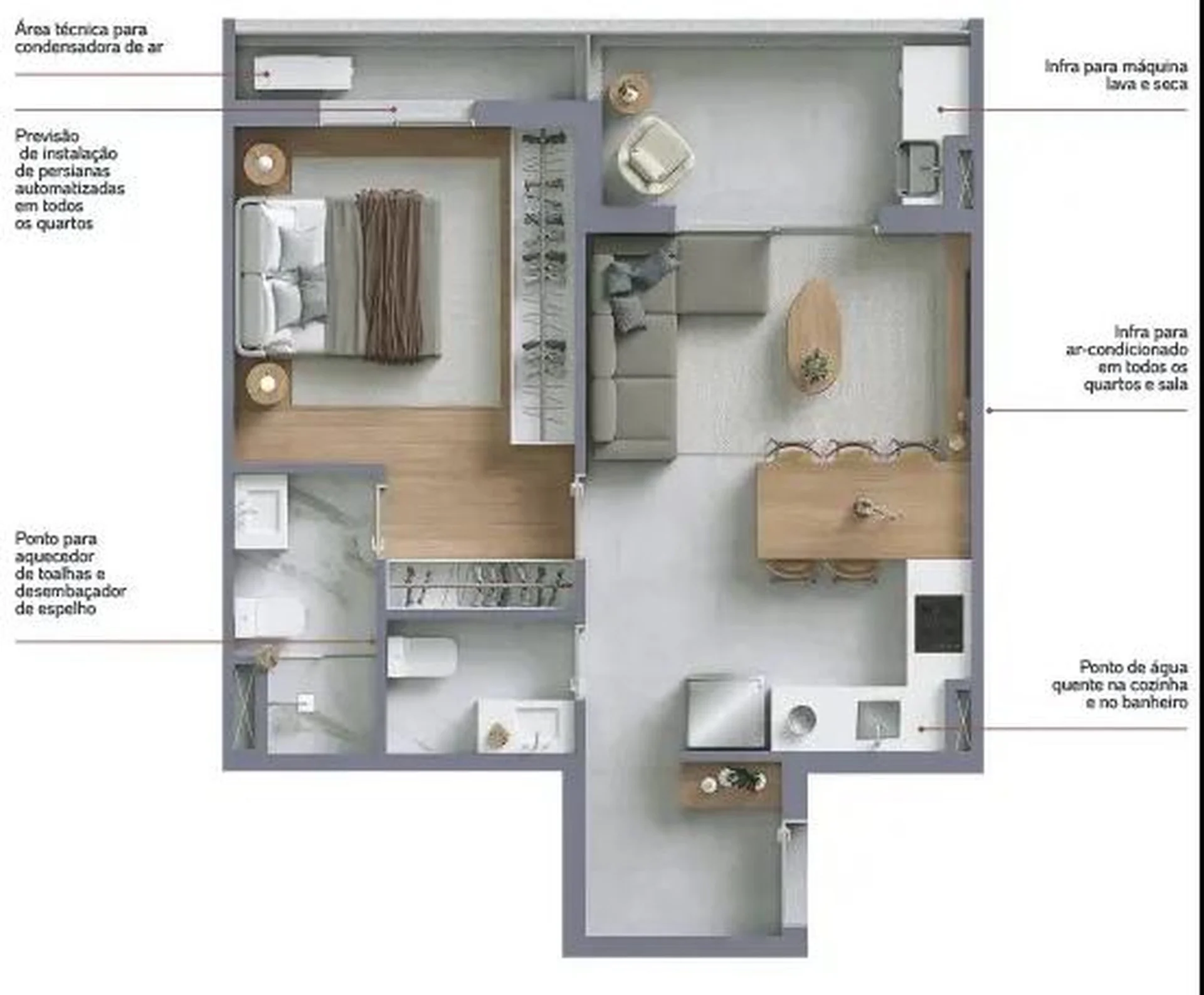 Planta do apartamento de 1 dormitorio com suite do Virtuo Itaim, com living integrado a cozinha e area externa