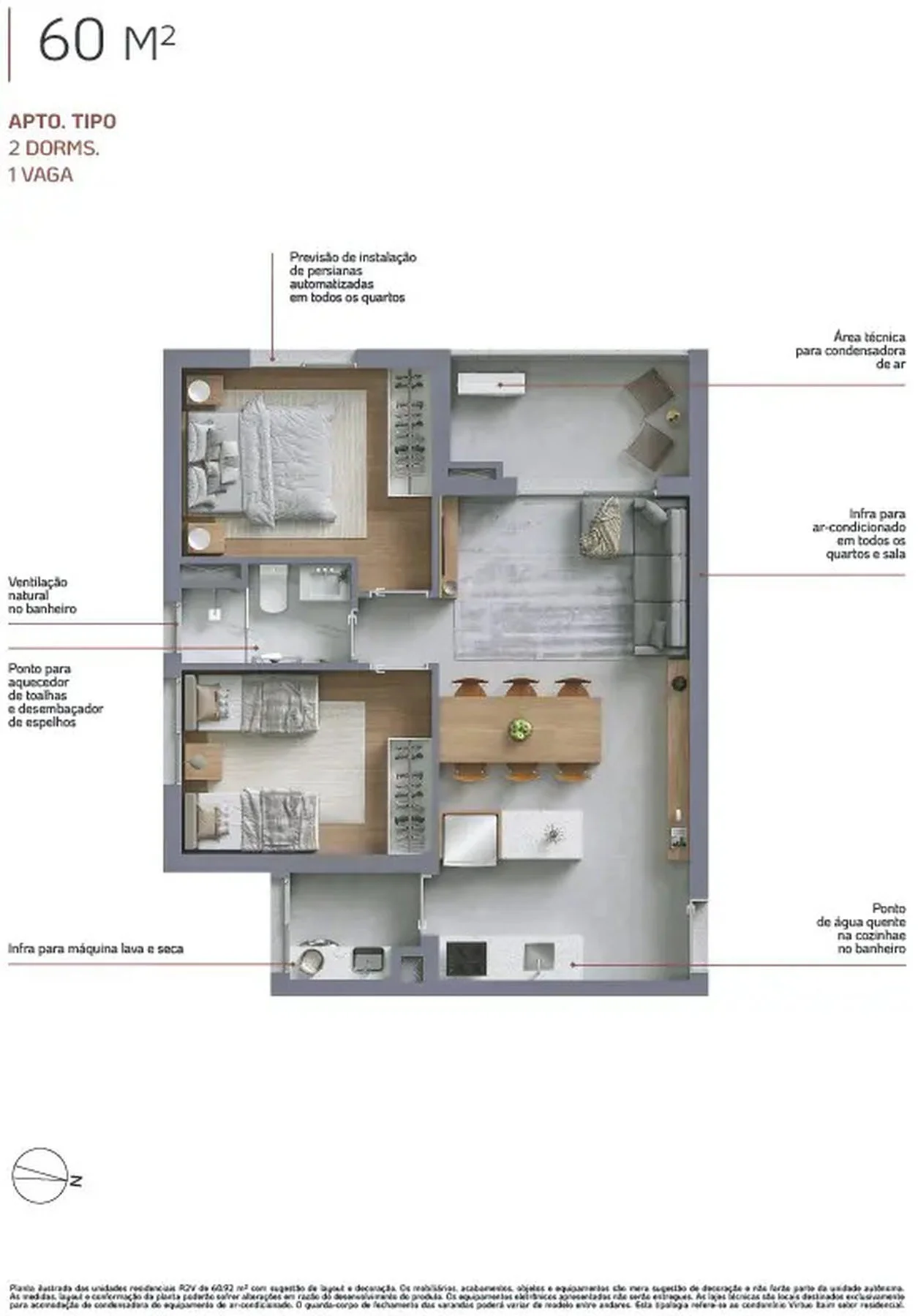 Planta do apartamento tipo de 60 m2 do Virtuo Itaim, com 2 dormitorios e 1 vaga