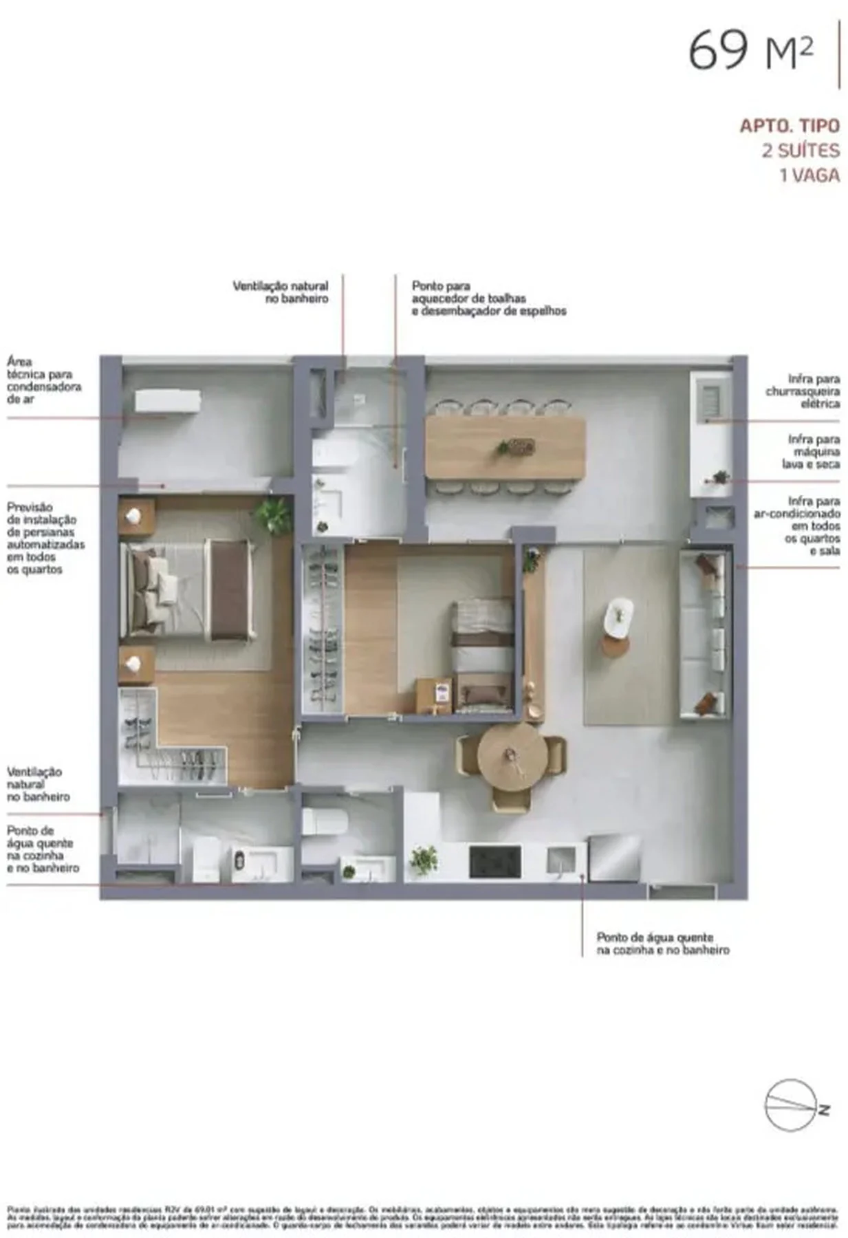 Planta do apartamento tipo de 69 m2 do Virtuo Itaim, com 2 suites e 1 vaga
