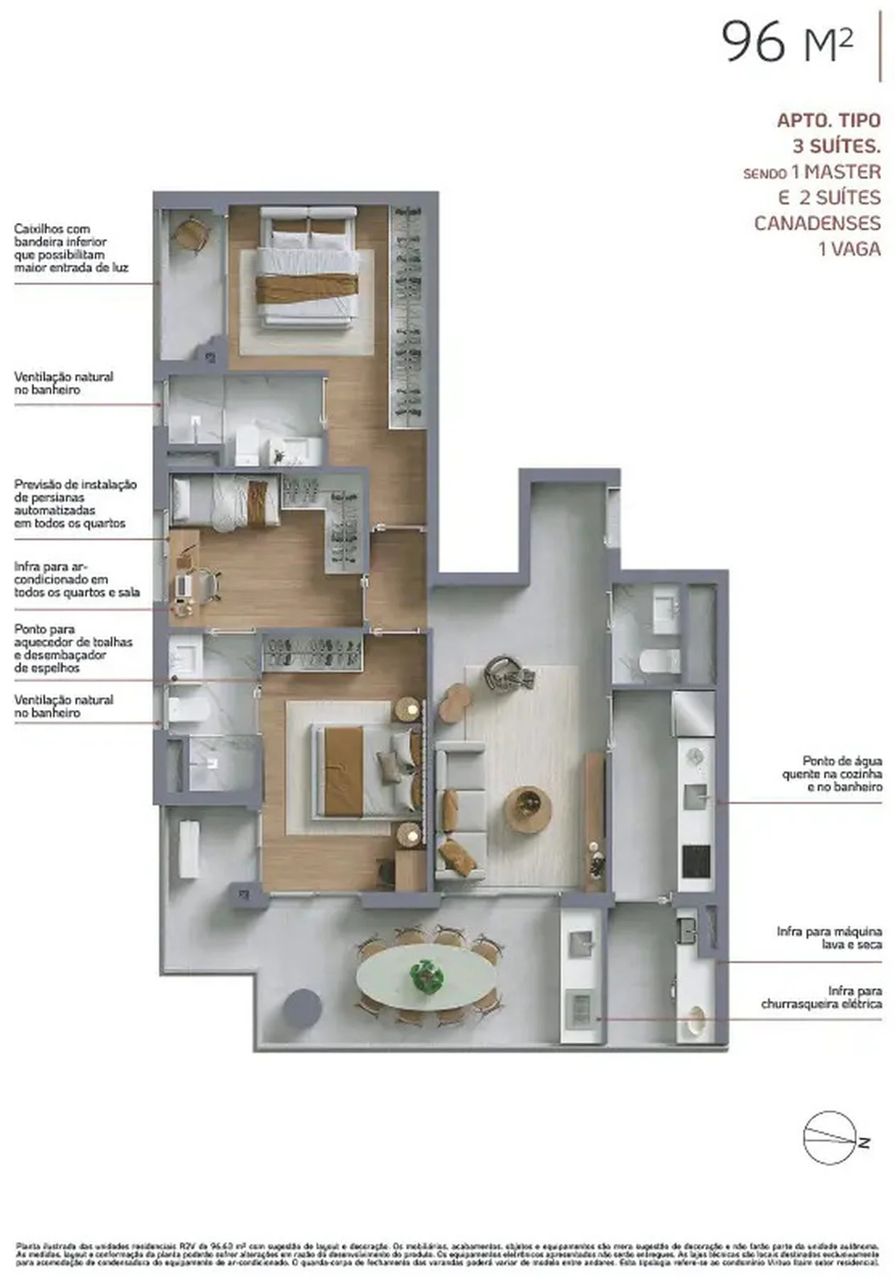 Planta do apartamento tipo de 96 m2 do Virtuo Itaim, com 3 suites, sendo 1 master, e 1 vaga