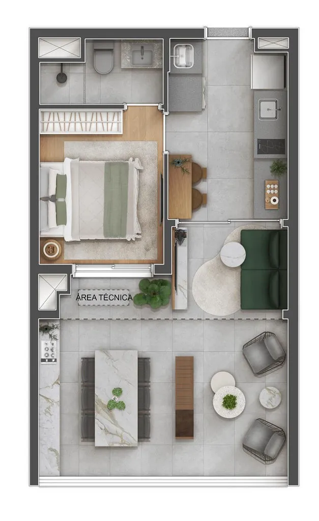 Planta de studio de 27,72 m² do Vitacon João Ramalho Studios