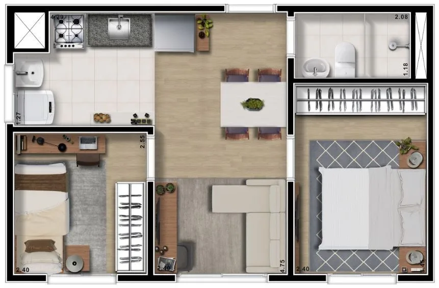 Planta do Viva Smart Itaquera — 2 dormitórios – 38,8 m²