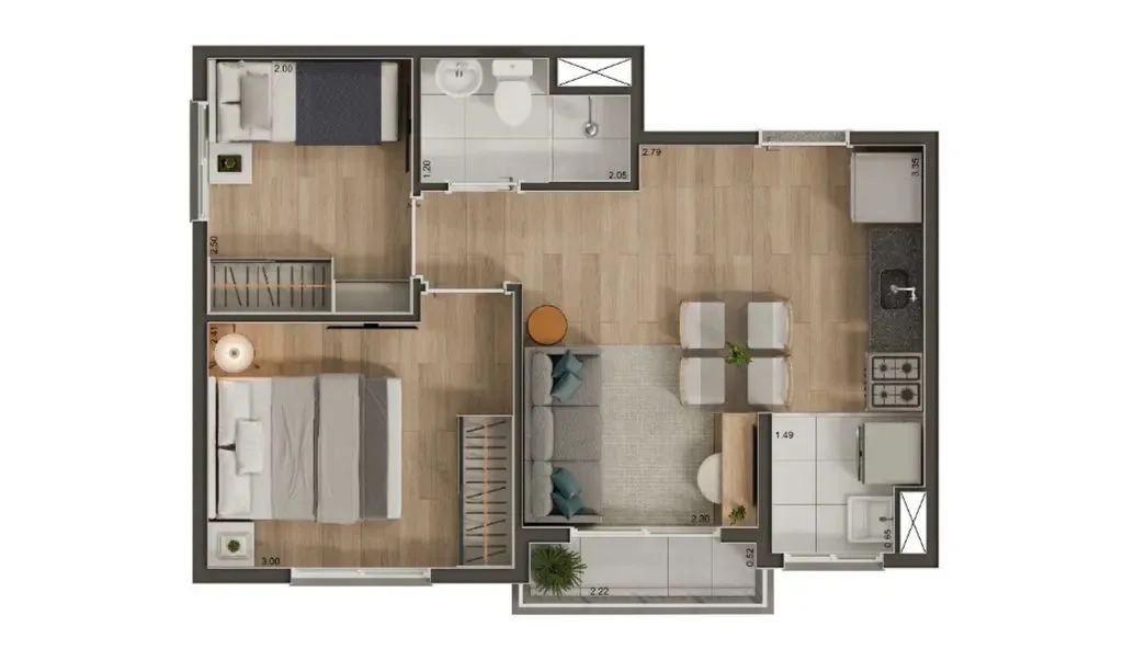 Planta de 2 dormitórios de 35 m² do Volt Santana