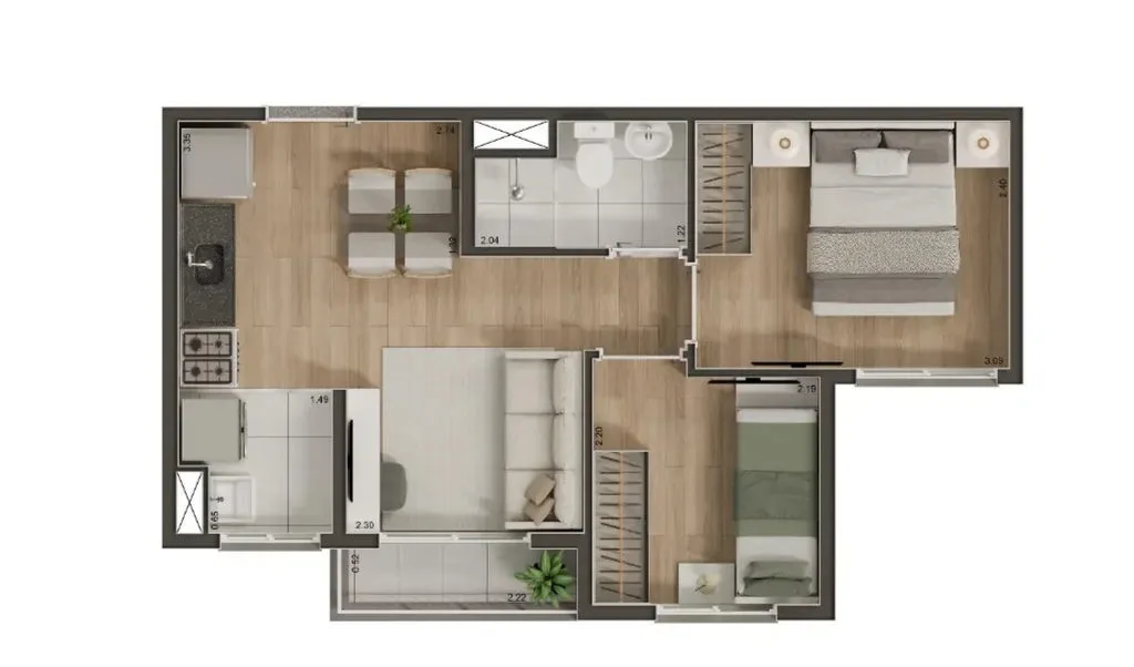 Planta de 2 dormitórios de 35 m² do Volt Santana, opção 2